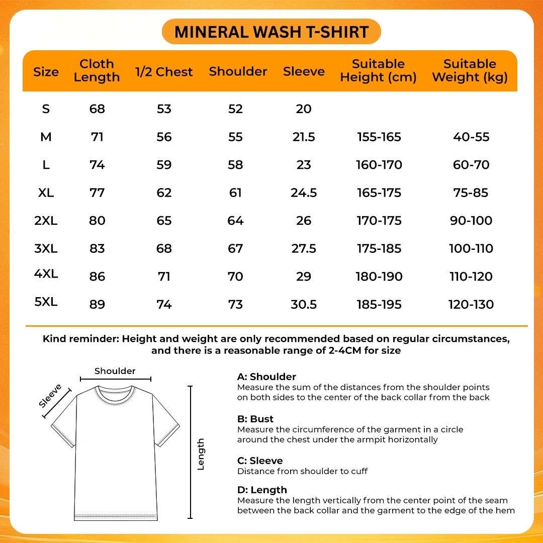 Mineral Wash T Shirt Size Chart - Solo Leveling UK Shop